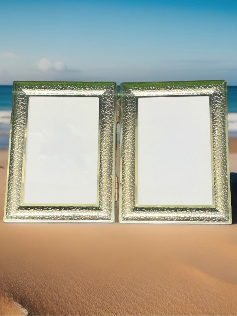 Gold Textured Double Hinged Picture Frame 4x6 Folding Metal Tabletop Decor